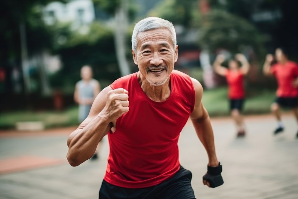 Sout east asian senior man athletic laughing running jogging.