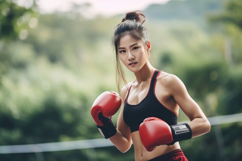 Sout east asian young woman athletic boxing clothing punching.