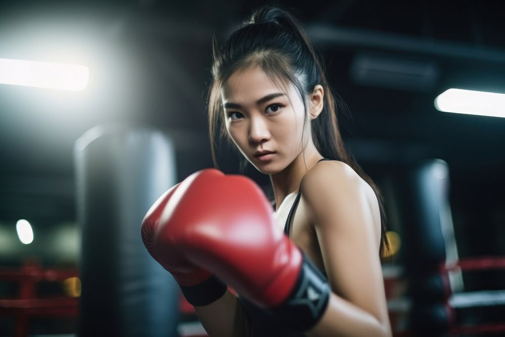 Sout east asian young woman athletic boxing punching female.