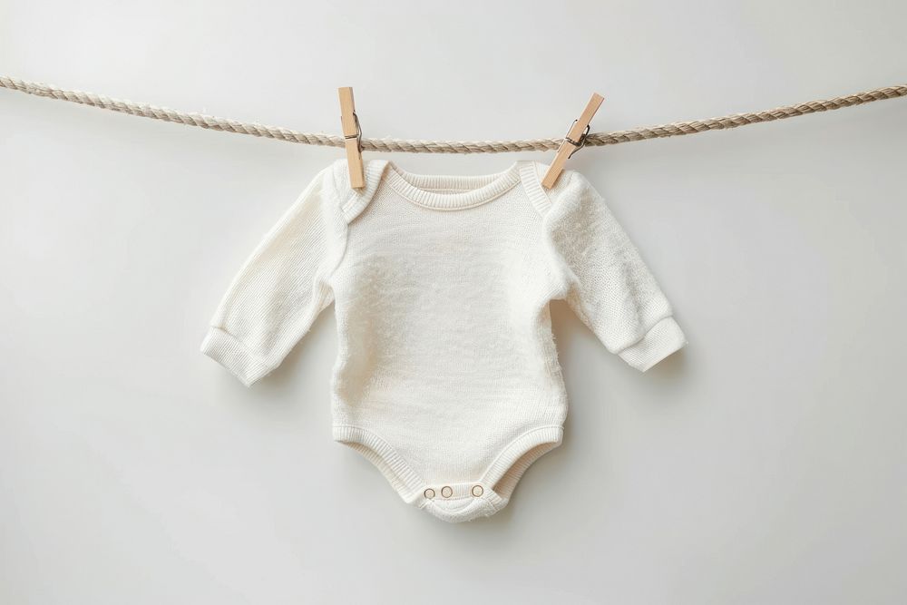 Newborn babysuit hang on rope with clothespin sweater sleeve white background.