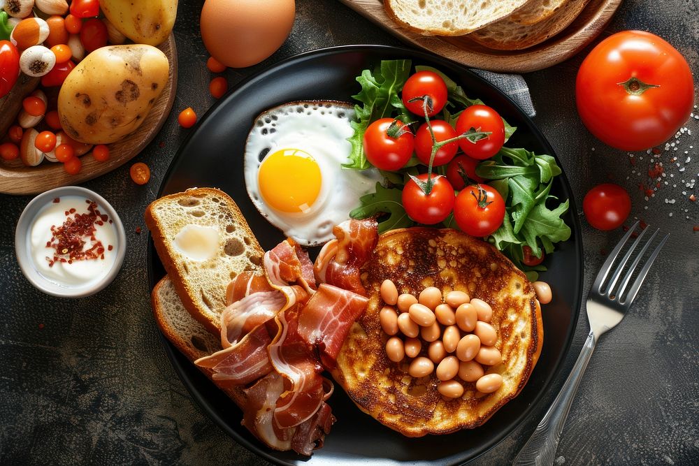 A plate of english breakfast brunch bread food.