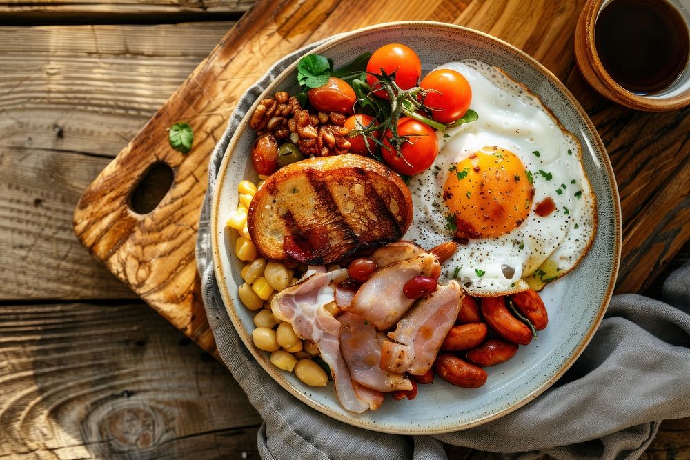 A plate of english breakfast brunch food meat.