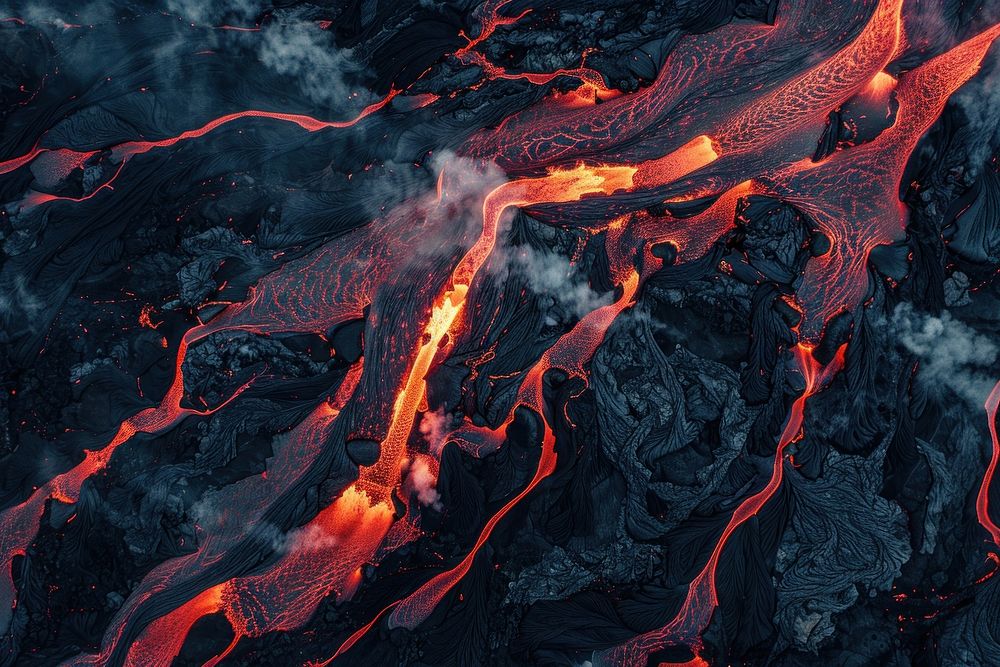 Red lava flowing to many lines from the eruption volcano mountain outdoors bonfire.