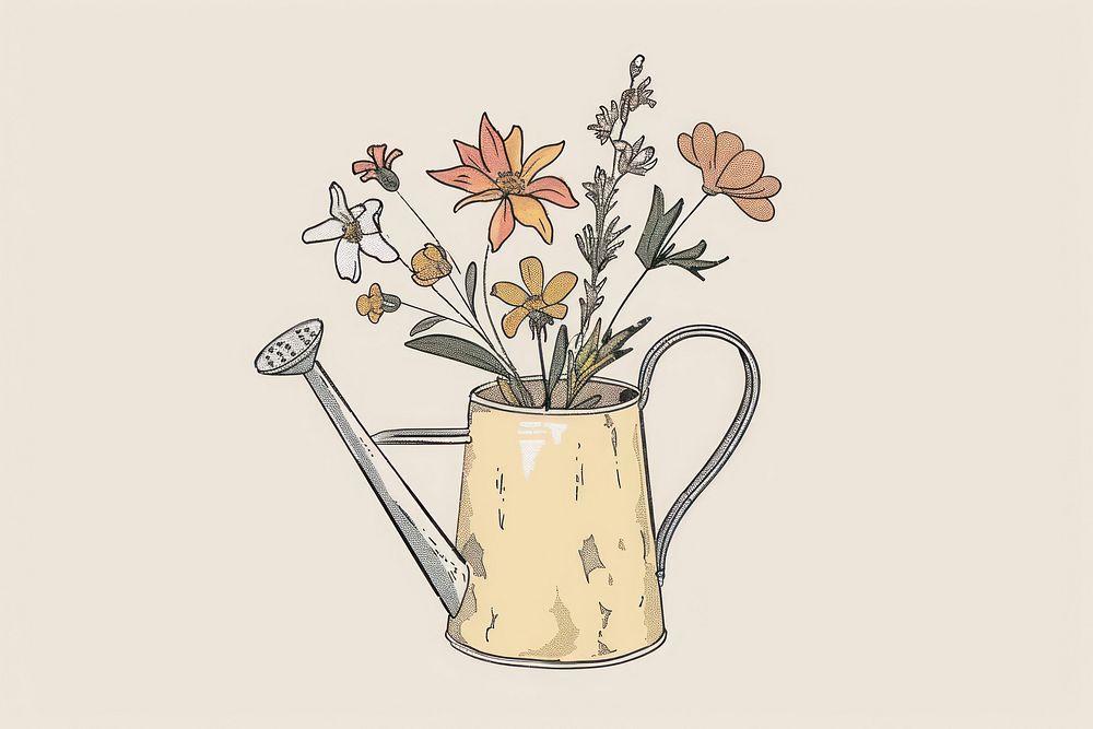 Drawing watering can flower art plant.