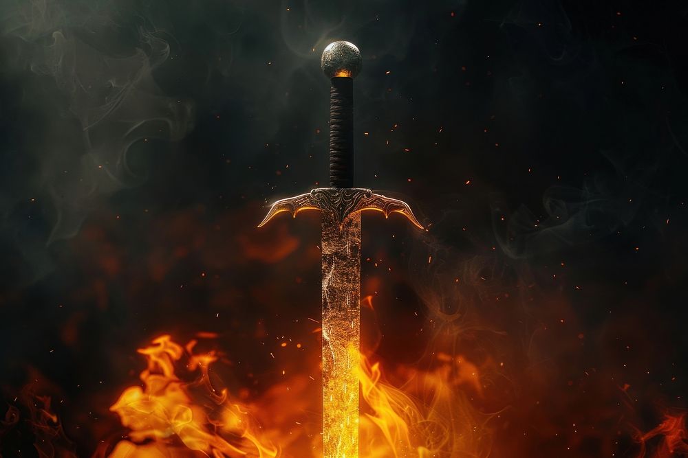 Medieval sword in fire smoke screenshot darkness weaponry.
