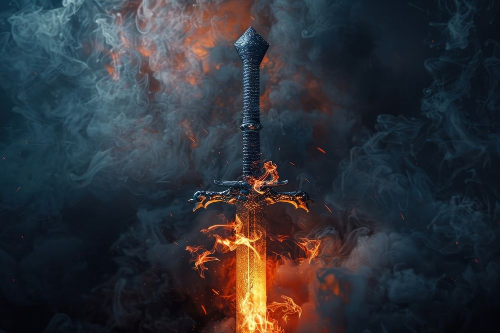 Medieval sword in fire smoke architecture screenshot darkness.