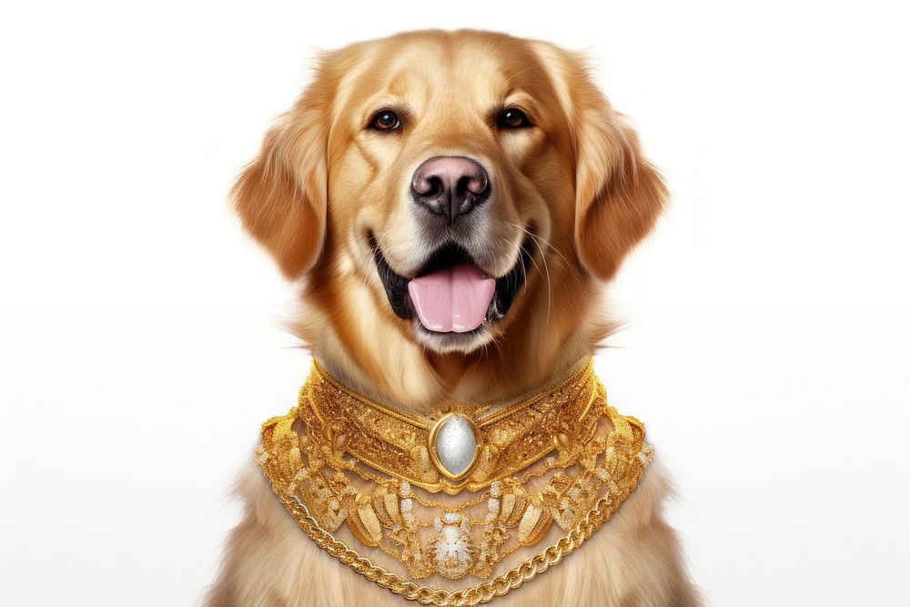 A golden retriever dog wearing a shirt necklace jewelry animal.