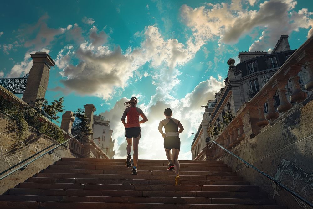 Exercising and lifestyle concept running stairs city.
