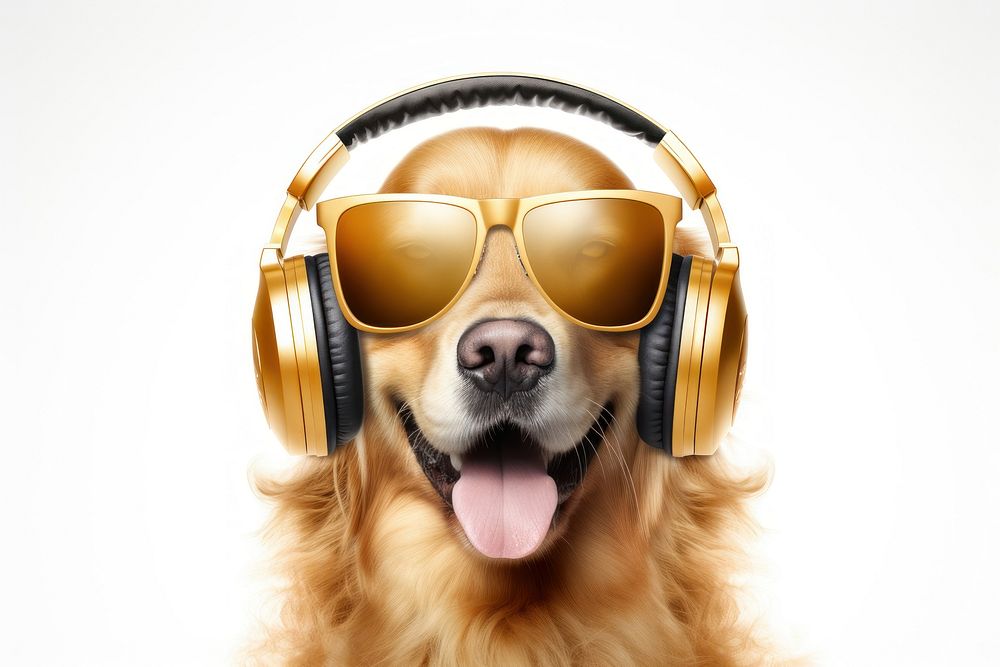 Cool young golden retriever dog sunglasses headset mammal.