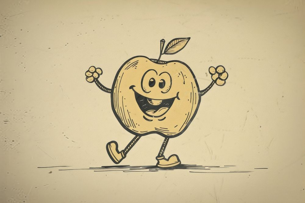 Rubber hose apple character cartoon drawing sketch.