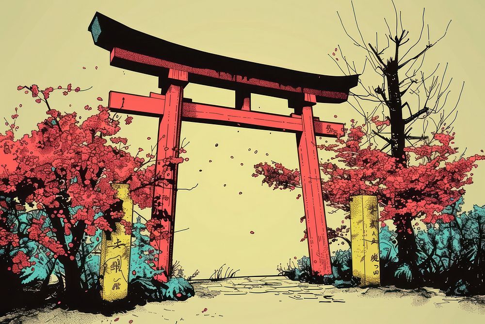 CMYK Screen printing Japanese shrine gate architecture creativity.