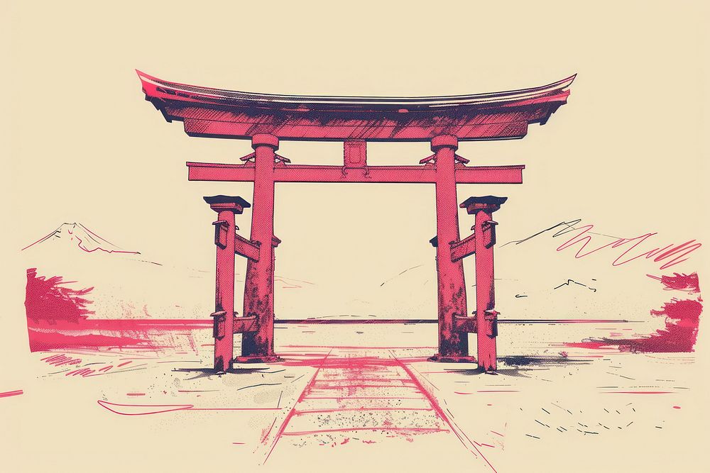 CMYK Screen printing Japanese shrine drawing sketch gate.