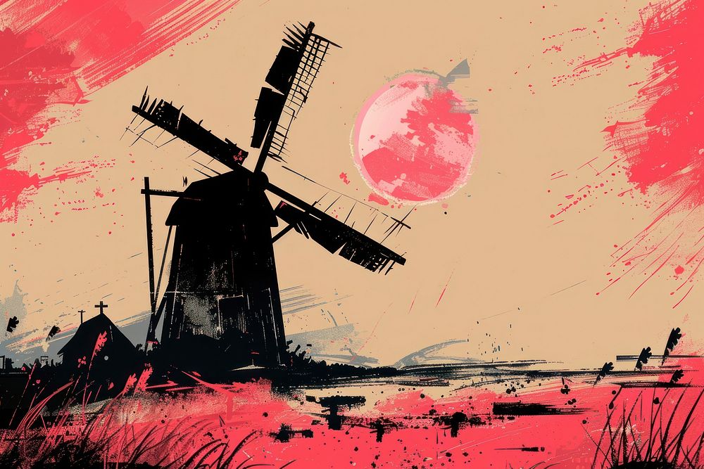 CMYK Screen printing windmill outdoors transportation architecture.