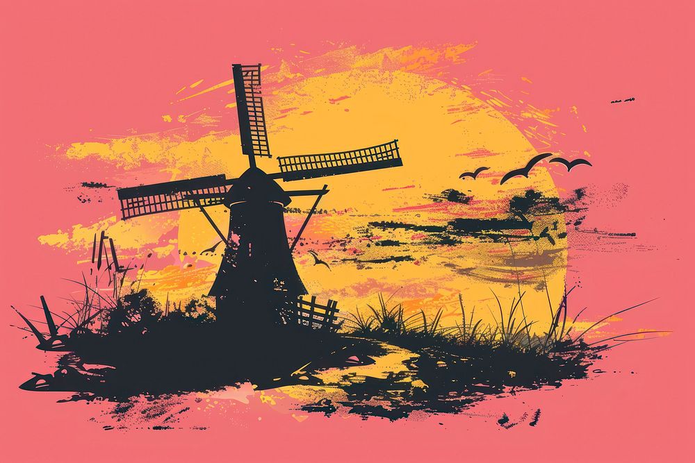 CMYK Screen printing windmill outdoors architecture agriculture.