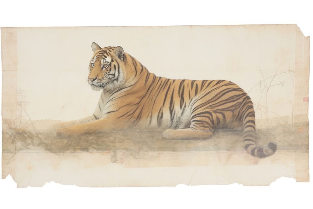 Adhesive tape is stuck on a tiger ephemera collage wildlife animal mammal.