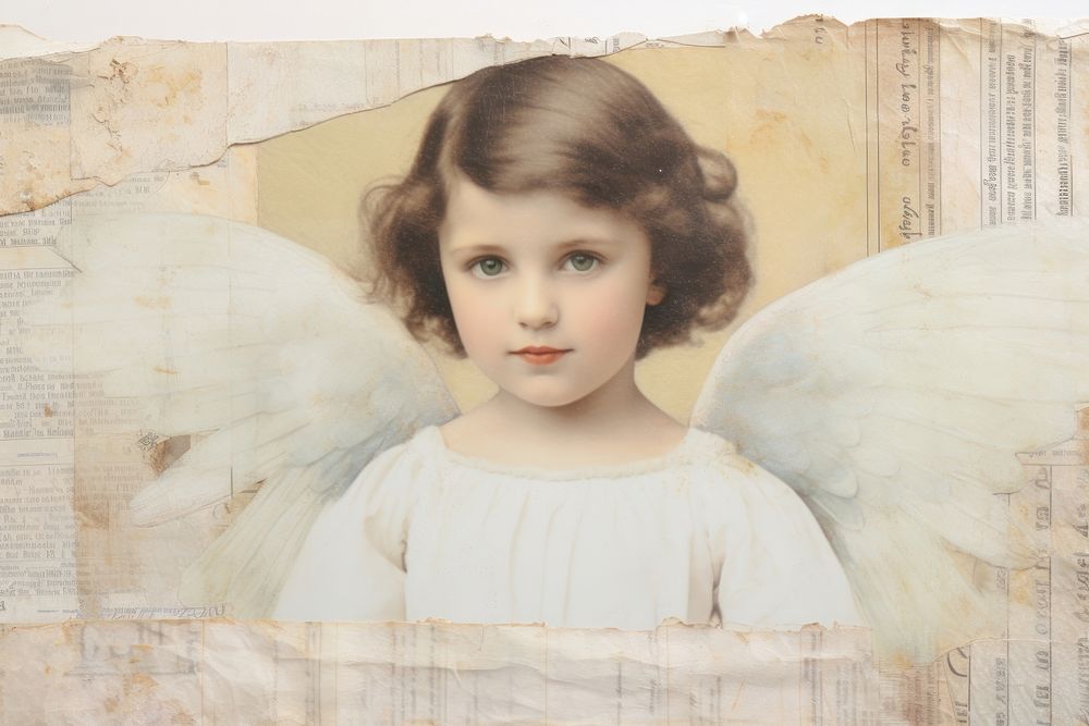 Adhesive tape is stuck on a angel ephemera collage portrait painting child.