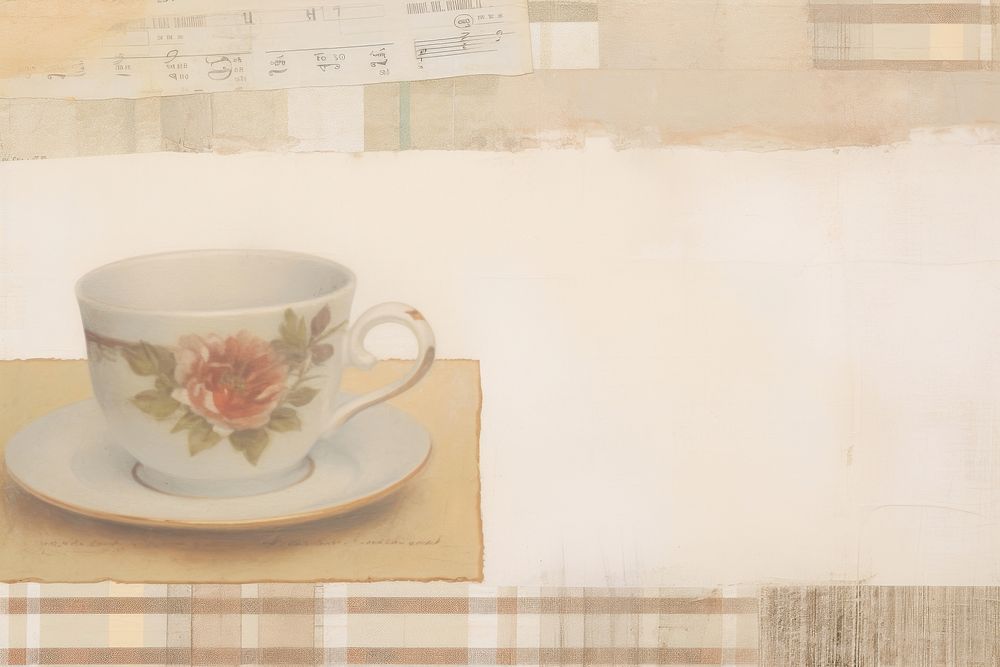 Adhesive tape is stuck on a coffee ephemera collage saucer drink cup.