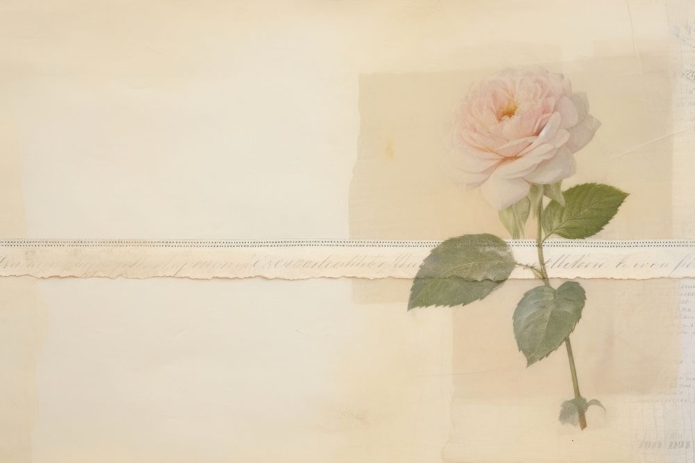 Adhesive tape is stuck on a rose ephemera collage painting flower petal.