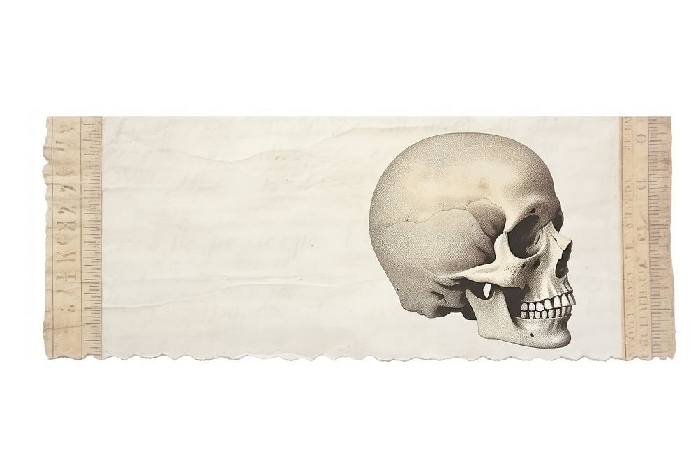 Adhesive tape is stuck on a skull ephemera collage paper art white background.