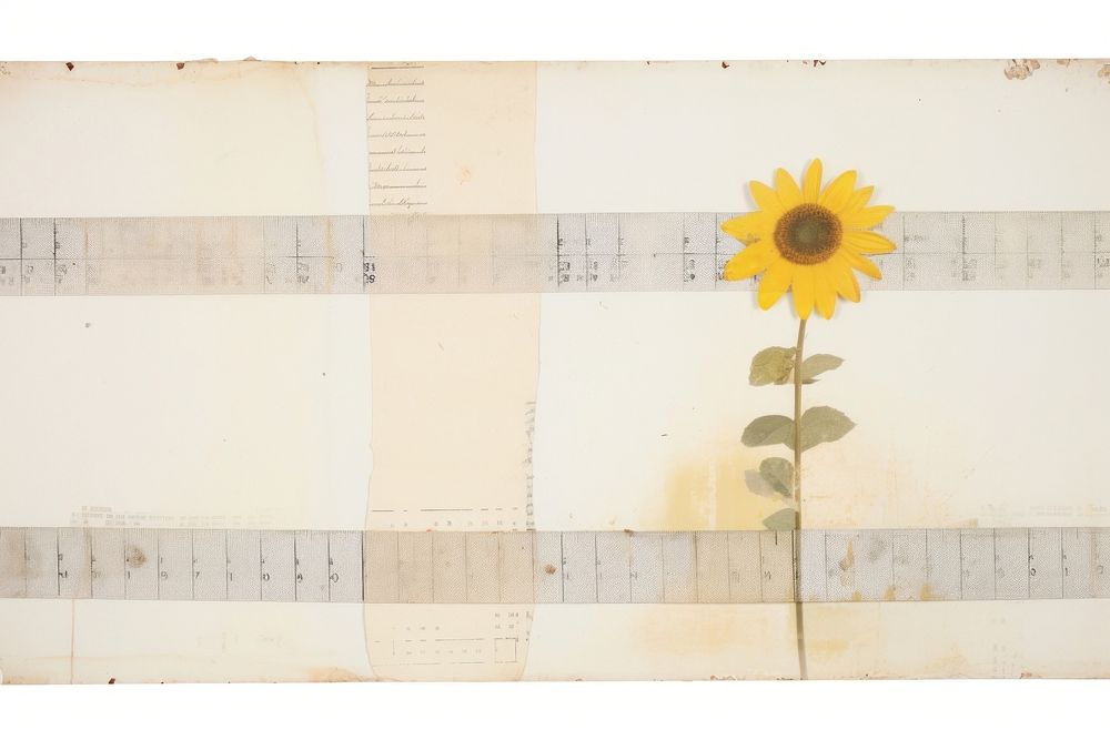 Adhesive tape is stuck on a sun ephemera collage sunflower plant paper.