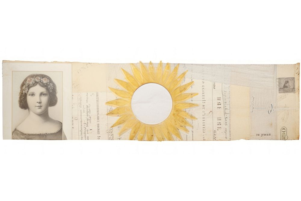 Adhesive tape is stuck on a sun ephemera collage paper money white background.