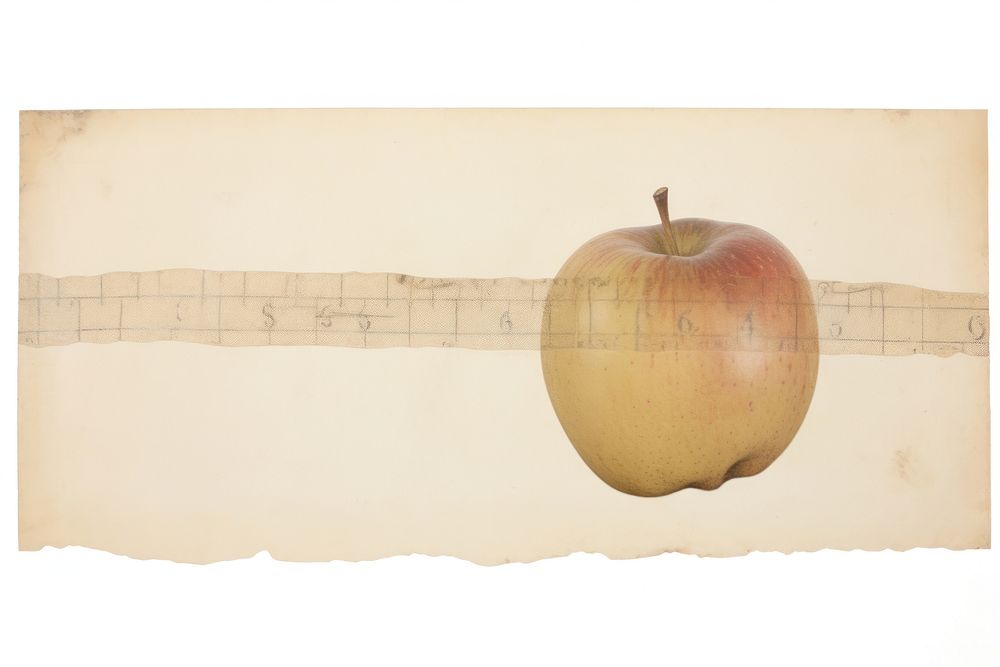Adhesive tape is stuck on an apple ephemera collage paper plant white background.