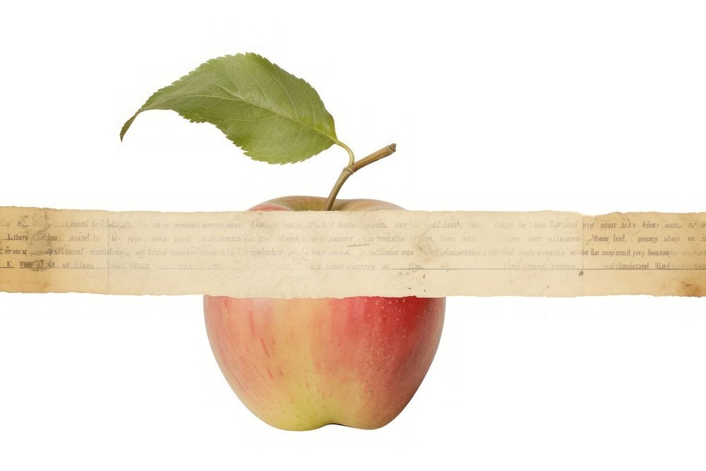 Adhesive tape is stuck on an apple ephemera collage fruit plant paper.