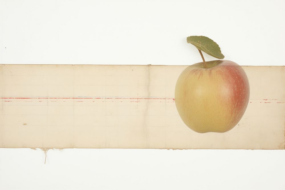 Adhesive tape is stuck on an apple ephemera collage fruit plant white background.