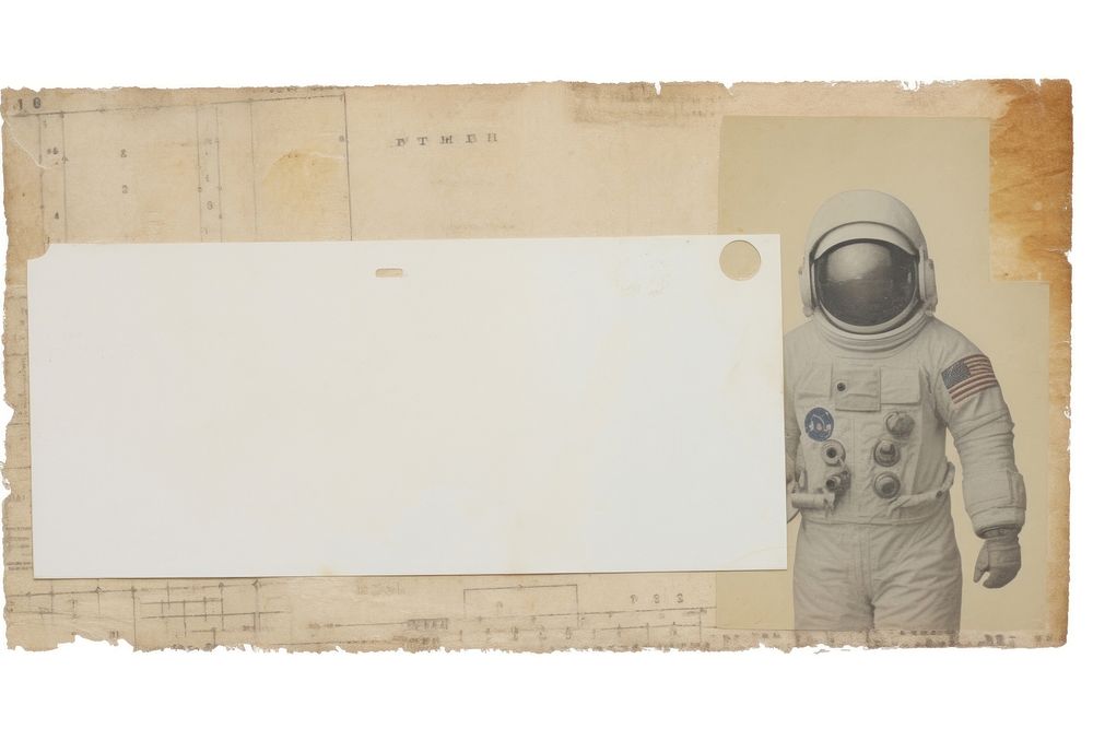 Adhesive tape is stuck on astronaut ephemera collage paper white background rectangle.