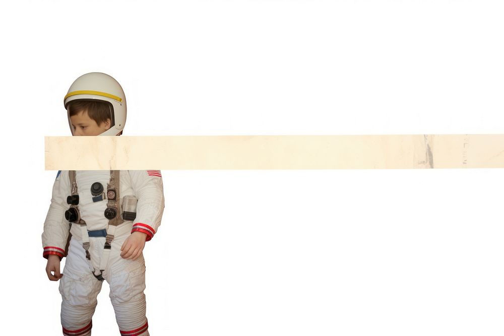 Adhesive tape is stuck on astronaut ephemera collage helmet white background accessories.