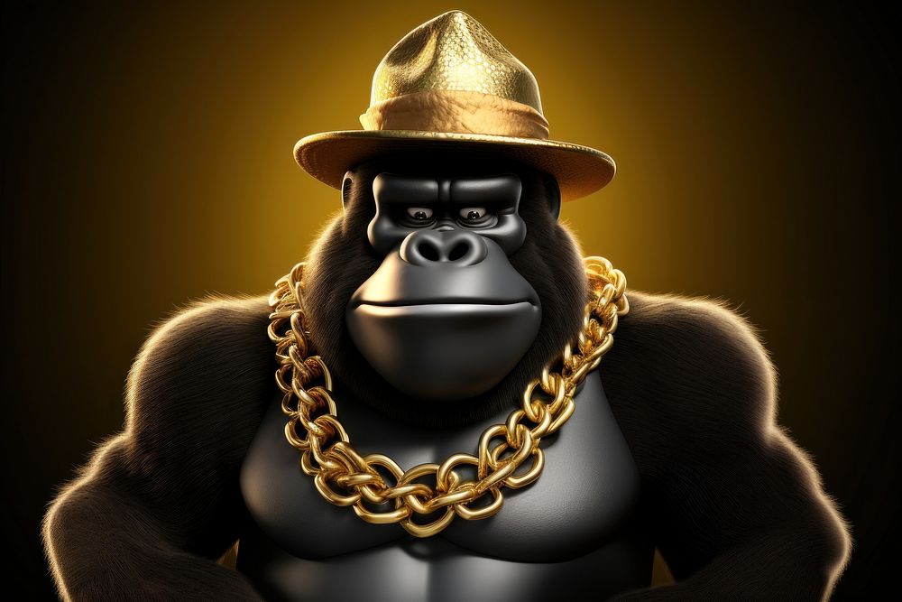 A gorilla in the hat necklace cartoon animal.