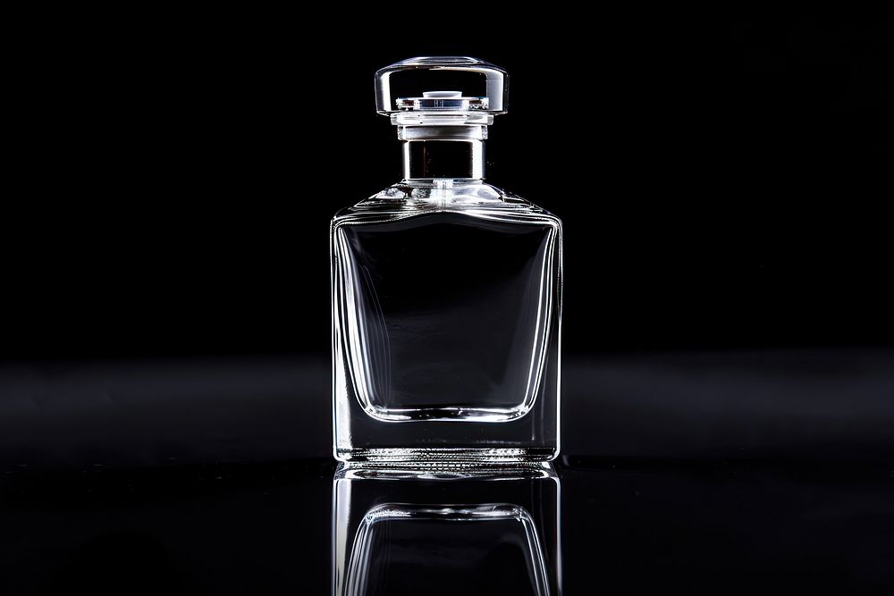 Perfume bottle glass black black background.