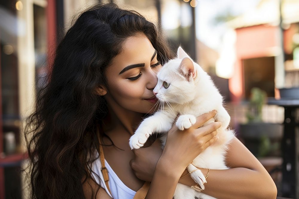 Latinx young woman playing with a kitty photography portrait mammal.
