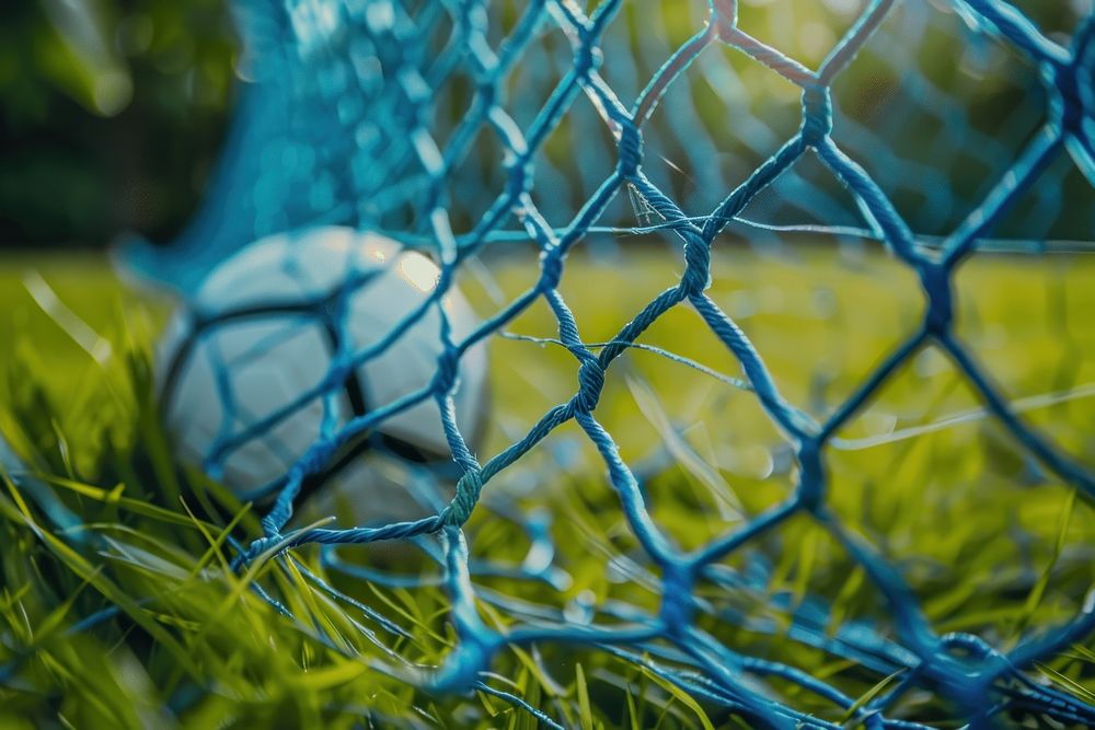 Soccer ball touch goal net football sports grass.