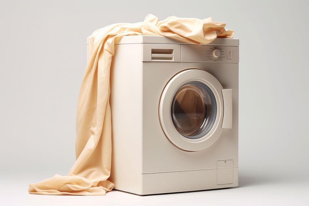 Cream plastic wrapping over Washing Machine appliance laundry washing.