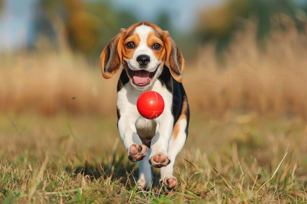 Beagle puppy 3 months running happy beagle ball animal.