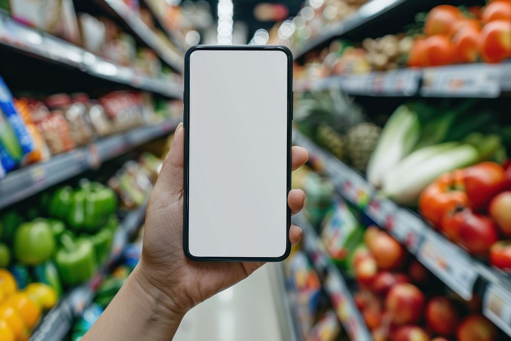 Smartphone mockup grocery store electronics supermarket.