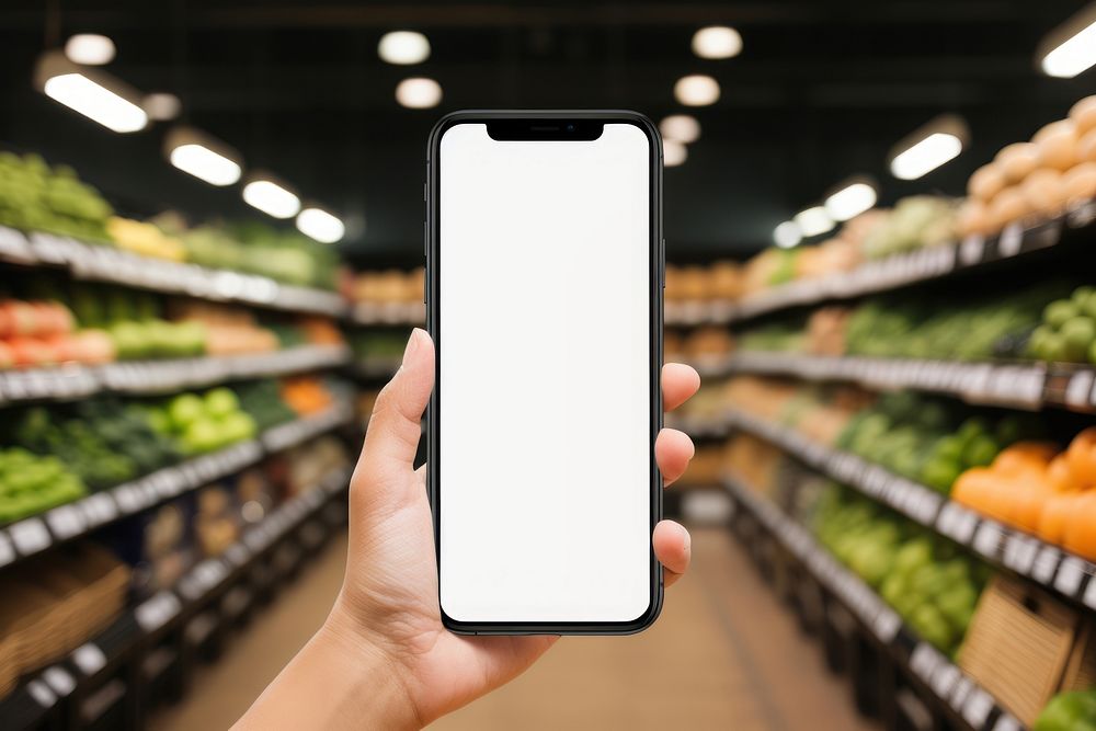 Smartphone mockup grocery store electronics indoors.