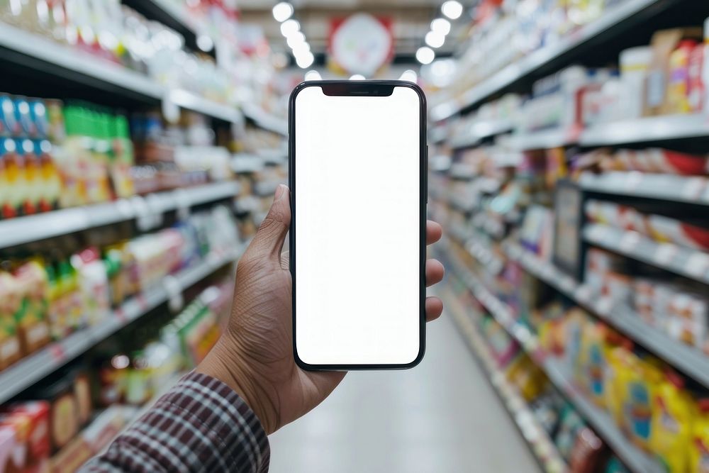 Smartphone mockup grocery store electronics supermarket.