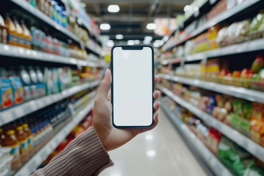 Smartphone mockup photo grocery store electronics.