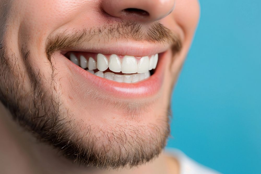 Man showing beautiful white smile teeth laughing adult.