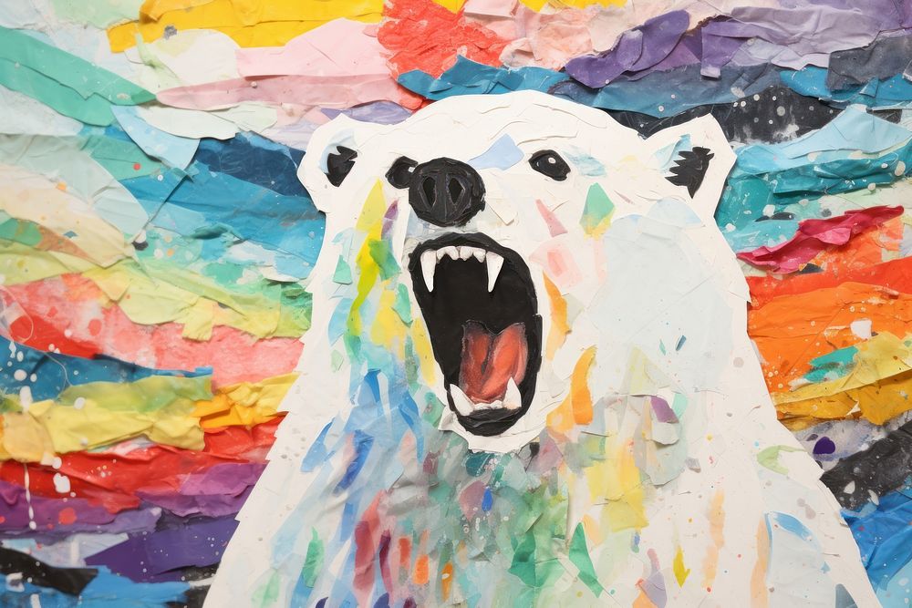 Happy polar bear celebrating art painting collage.