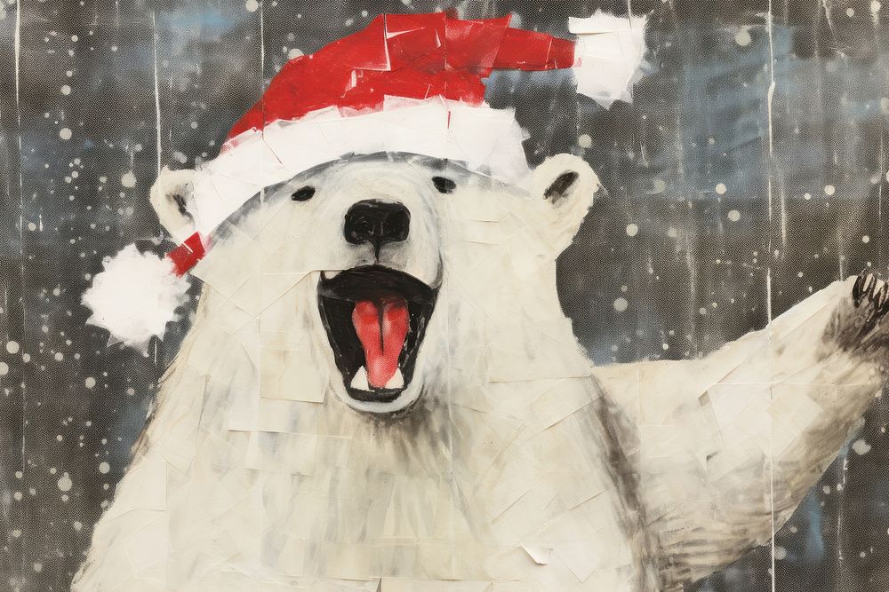 Happy polar bear celebrating Christmas wearing Santa hat christmas drawing mammal.