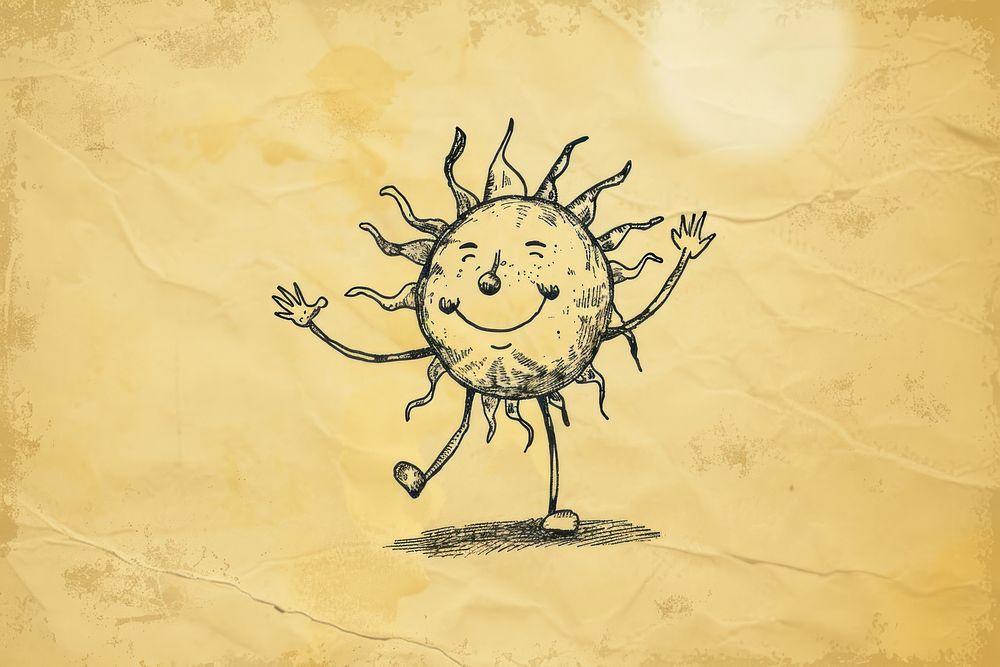 Retro sun character outdoors drawing sketch.
