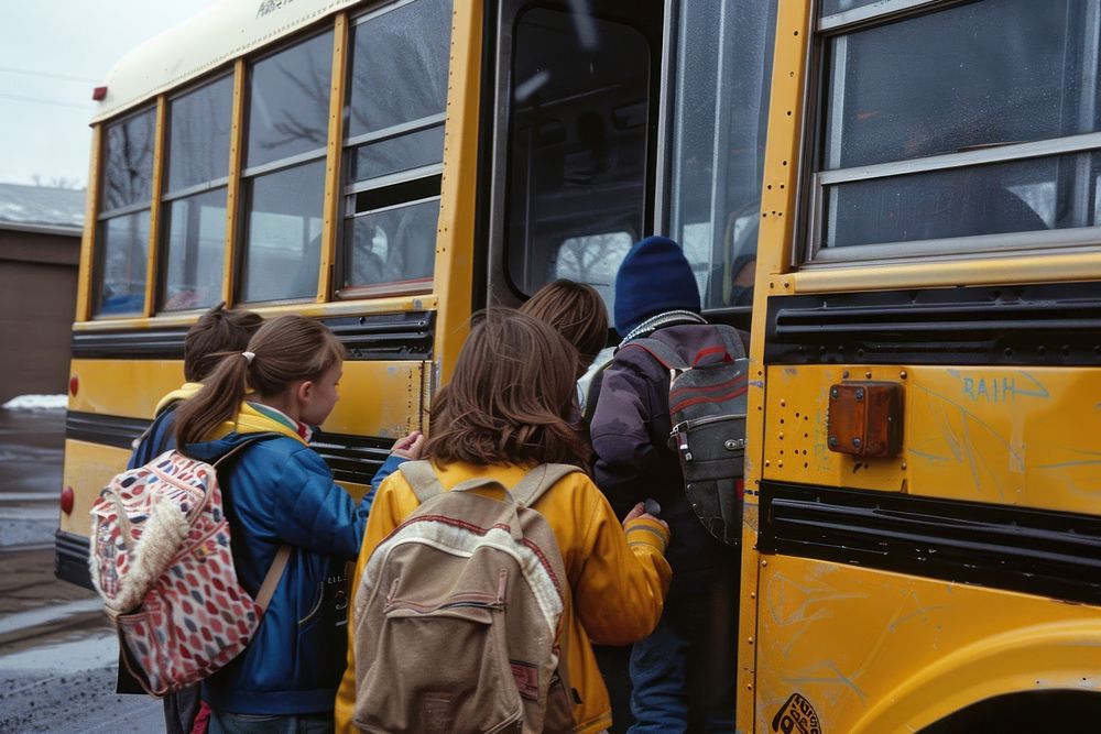 Children getting on the schoolbus backpack vehicle adult.