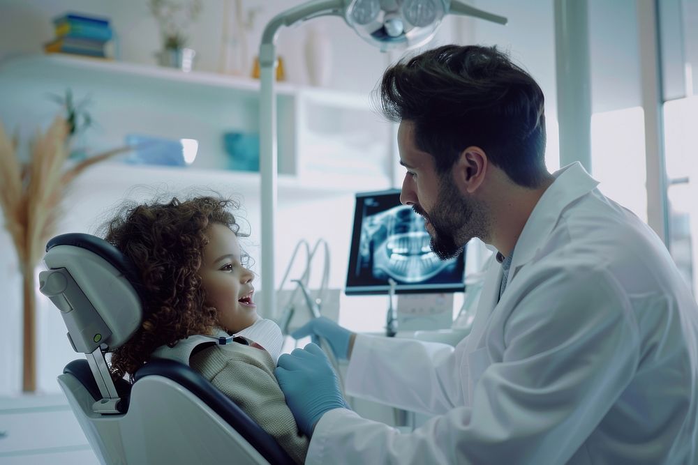 A kid patient in a dental chair and male dentist looking at an x ray together adult technology expertise.