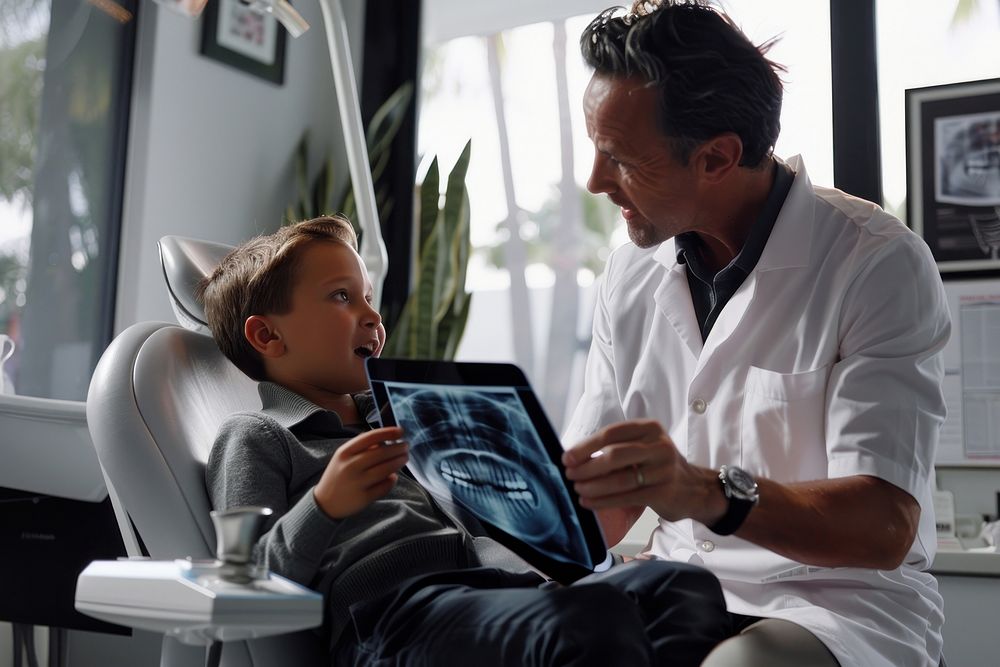 A kid patient in a dental chair and male dentist looking at an x ray together computer hospital adult.
