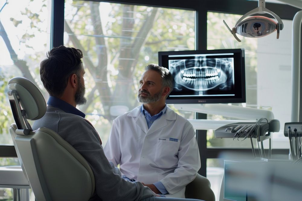 A man patient in a dental chair and male dentist looking at an x ray together hospital clinic adult.