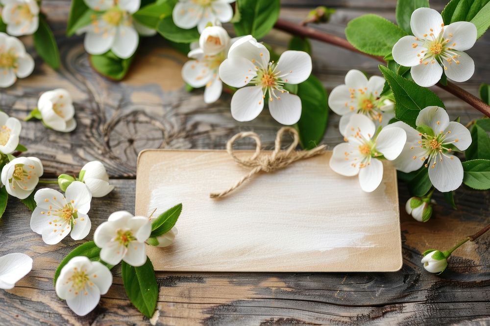 Label banner and white blossoms as food food presentation chopping board.