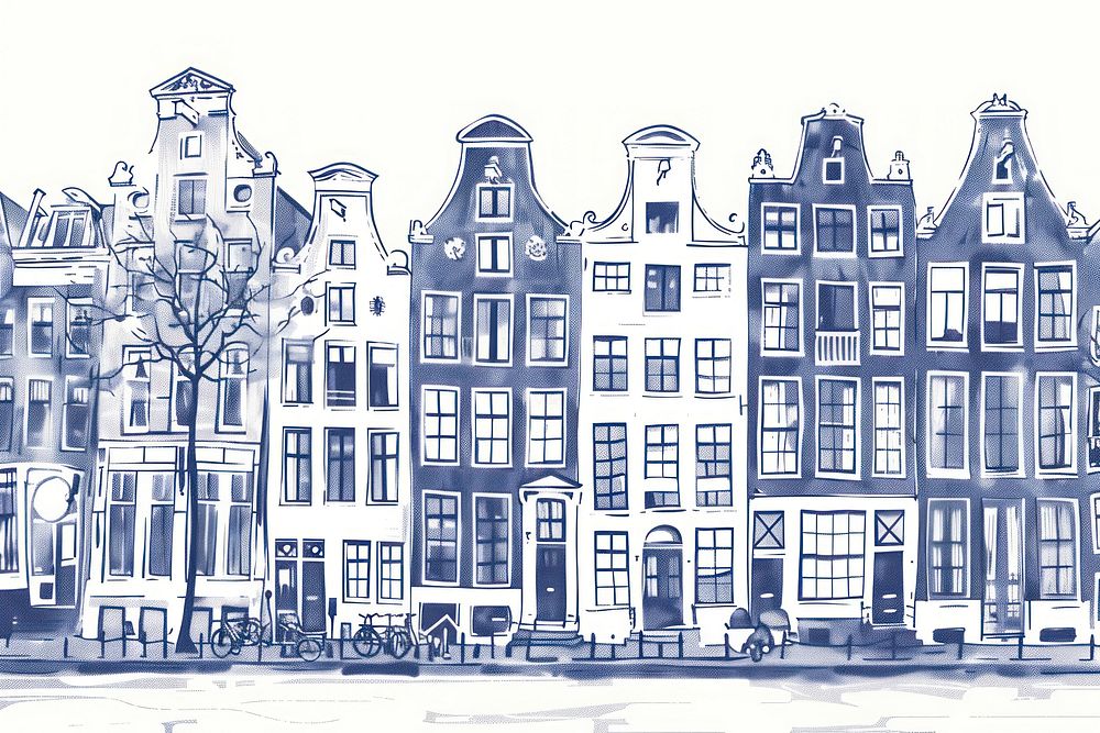 Antique of Typical canal houses in Amsterdam sketch transportation neighborhood.